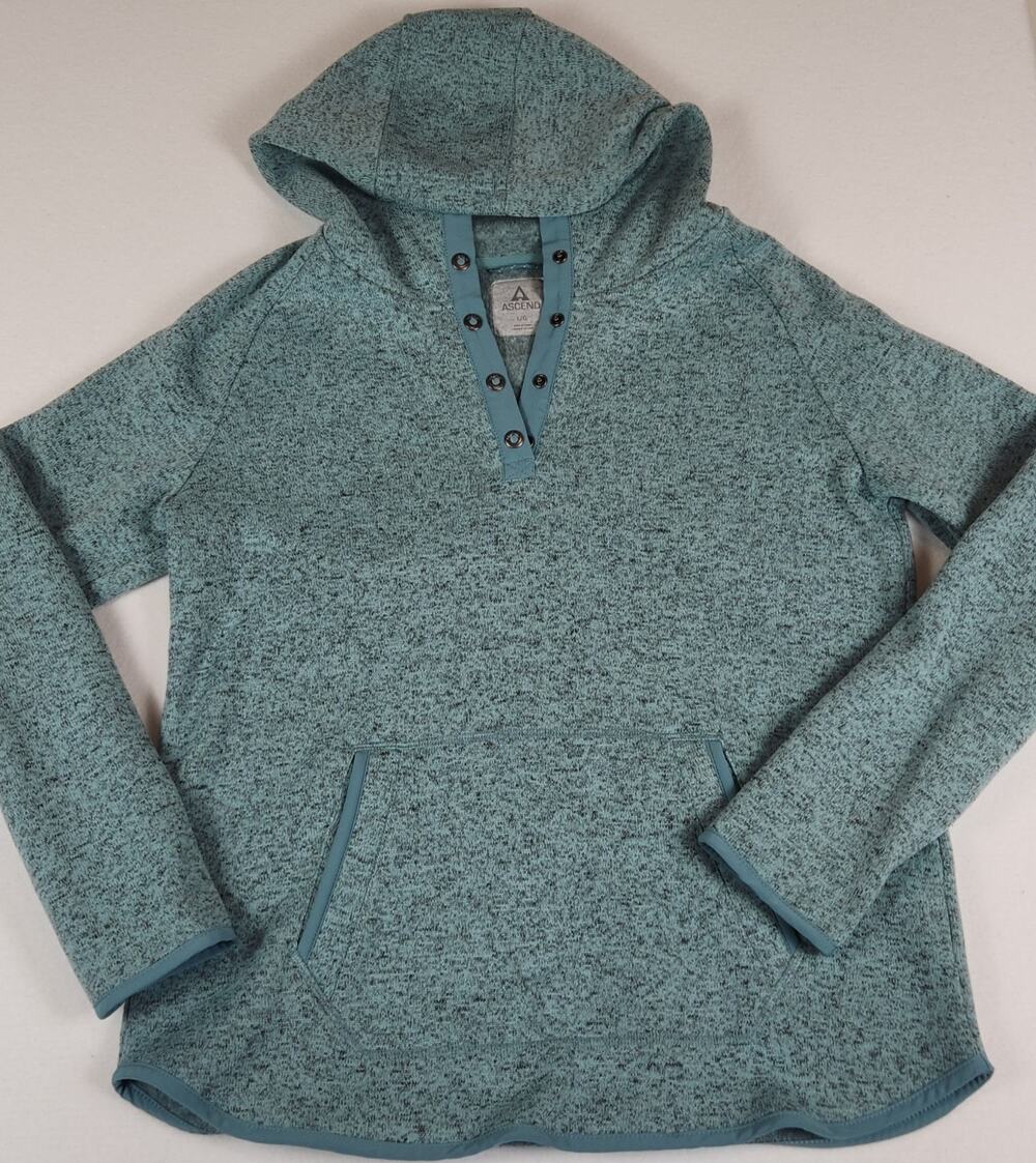 Ascend Fleece Hooded Pullover Sz L Heather Turquoise 5 Snap Opening